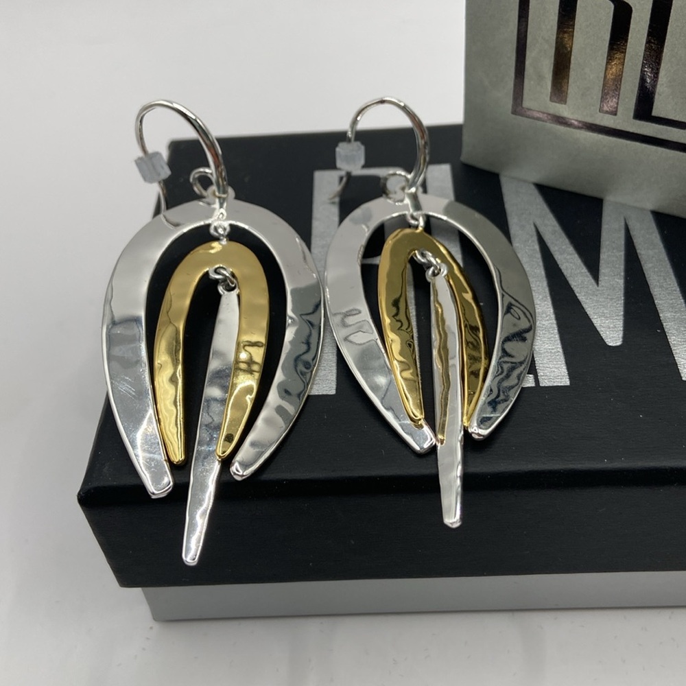 Robert Lee Morris Hammered 2 Tone Dangle Earrings Yellow White Bronze Pierced - Picture 12 of 12